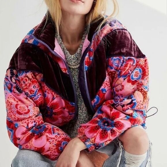 Free  People Sun Valley Bomber Ski Puffer
Jacket Burnout Velvet Size XS  NWT - Picture 1 of 12